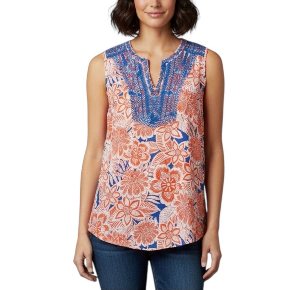 Talbots Sz SMALL Tropical Floral Embroidered Cotton Sleeveless Blouse